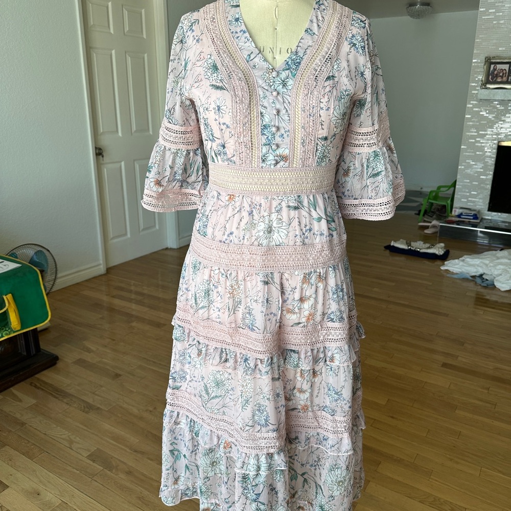 Chicwish Pink Tan Ruffled Tiered Midi Sundress